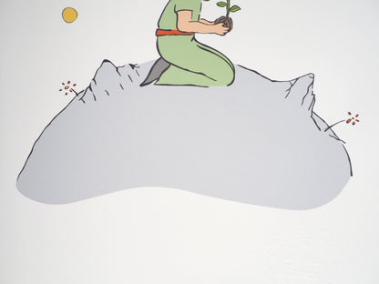 Antoine DE SAINT-EXUPERY : Le Petit Prince plante une fleur sur son astéroïde - Lithographie