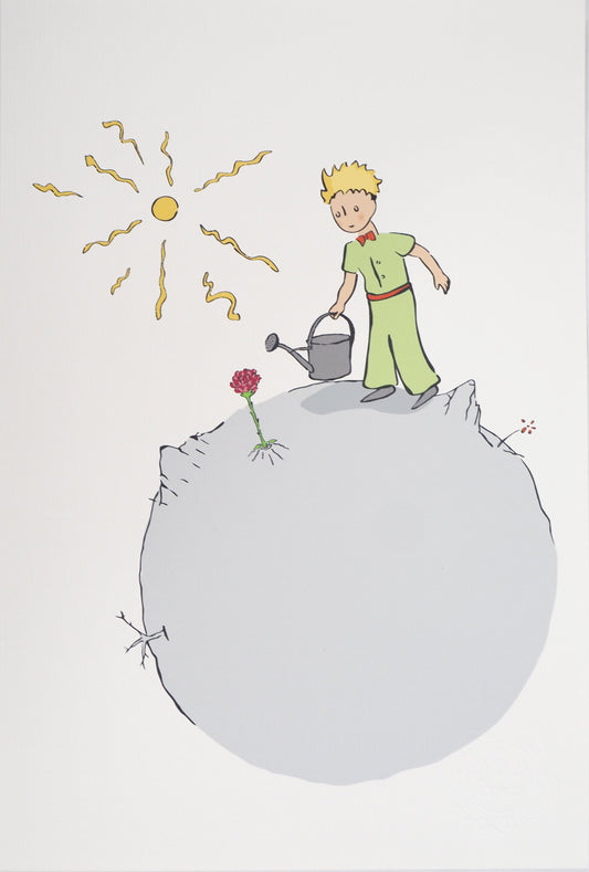Antoine DE SAINT EXUPERY : Le Petit Prince prenant soin de sa Rose - Lithographie