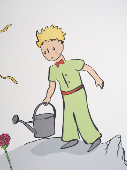 Antoine DE SAINT EXUPERY : Le Petit Prince prenant soin de sa Rose - Lithographie
