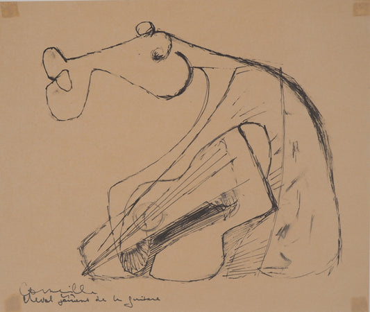 Guillaume CORNEILLE : Cheval jouant de la guitare - Lithographie signée