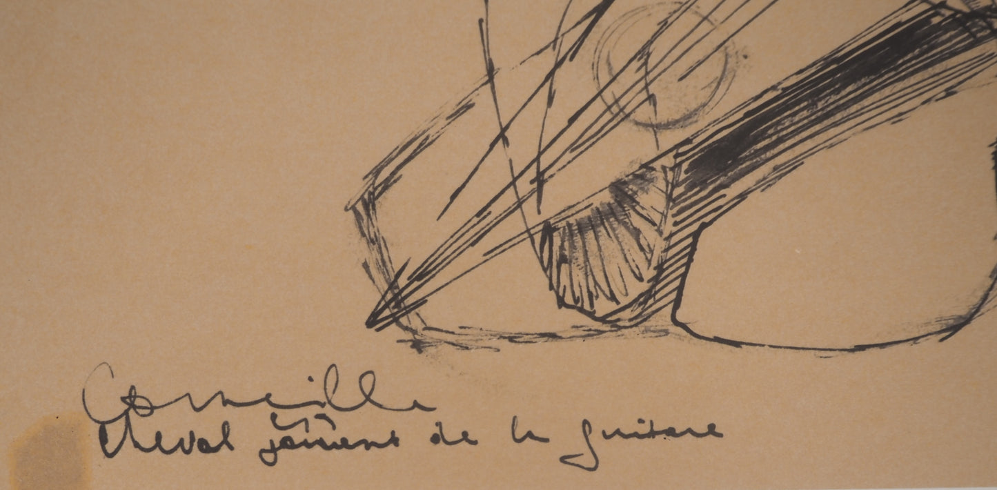 Guillaume CORNEILLE : Cheval jouant de la guitare - Lithographie signée