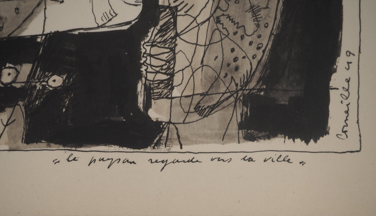 Guillaume CORNEILLE : Le paysan regarde vers la ville - Lithographie signée