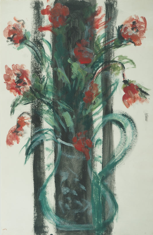 Roger CRUSAT : Bouquet d'anémone rouges - Gouache sur papier