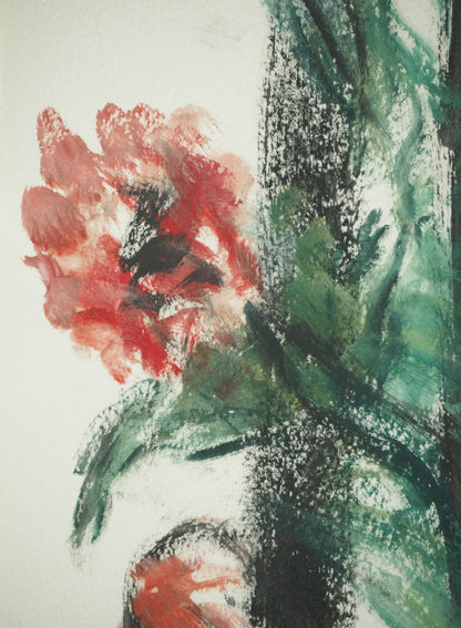 Roger CRUSAT : Bouquet d'anémone rouges - Gouache sur papier
