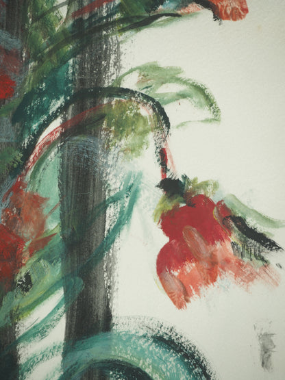 Roger CRUSAT : Bouquet d'anémone rouges - Gouache sur papier