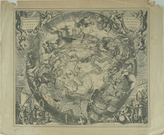 Hendrik HONDIUS : Carte céleste vue du pôle sud - Gravure