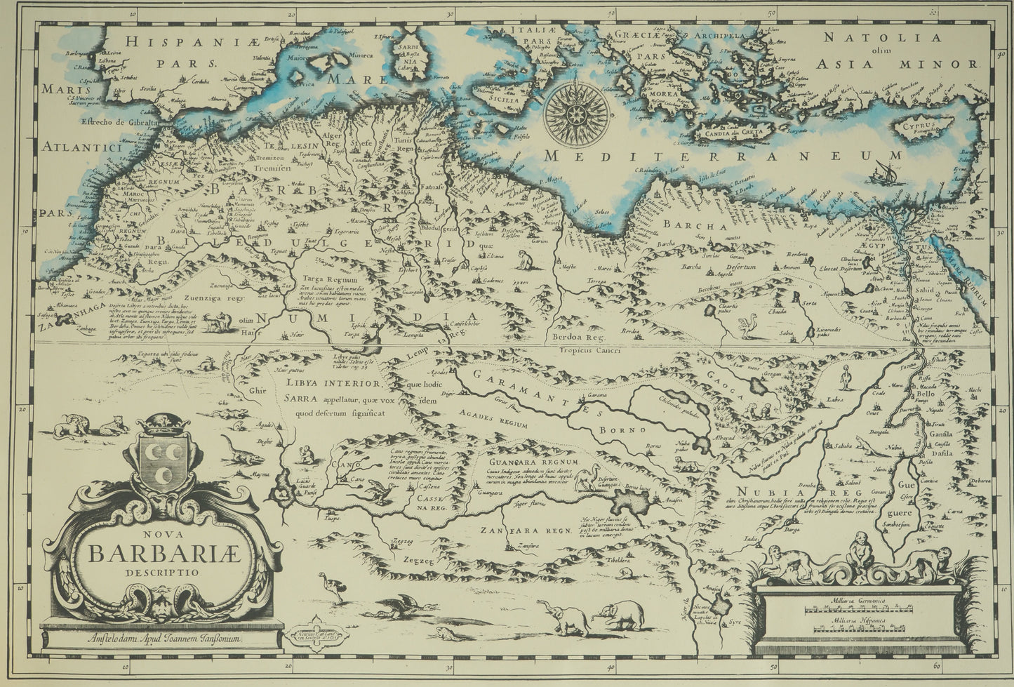 Johannes JANSSONIUS  : Carte du Maghreb en couleurs