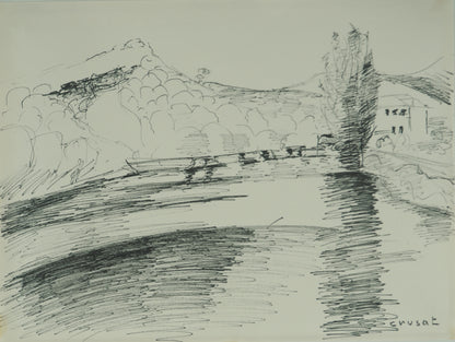 Roger CRUSAT : La vallée du Rhône - Dessin original signé