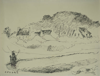 Roger CRUSAT : Le village côtier - Dessin original signé