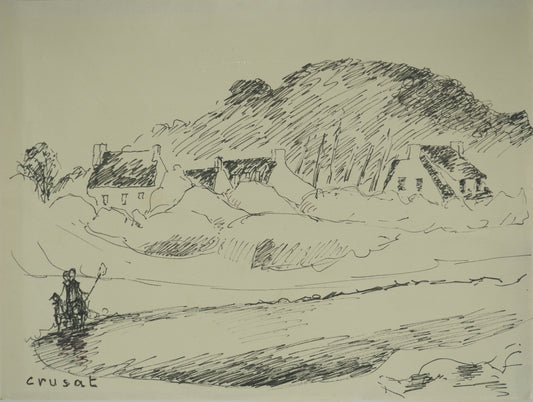 Roger CRUSAT : Le village côtier - Dessin original signé