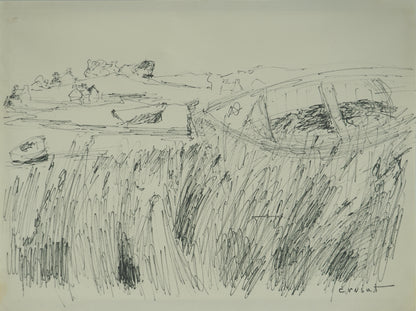 Roger CRUSAT : Barques amarrées- Dessin original signé