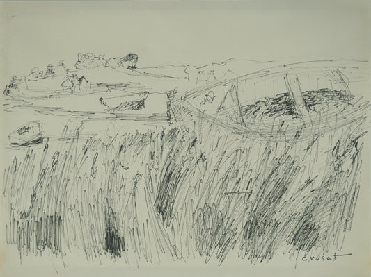 Roger CRUSAT : Barques amarrées- Dessin original signé