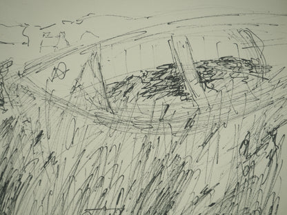 Roger CRUSAT : Barques amarrées- Dessin original signé