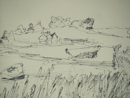 Roger CRUSAT : Barques amarrées- Dessin original signé