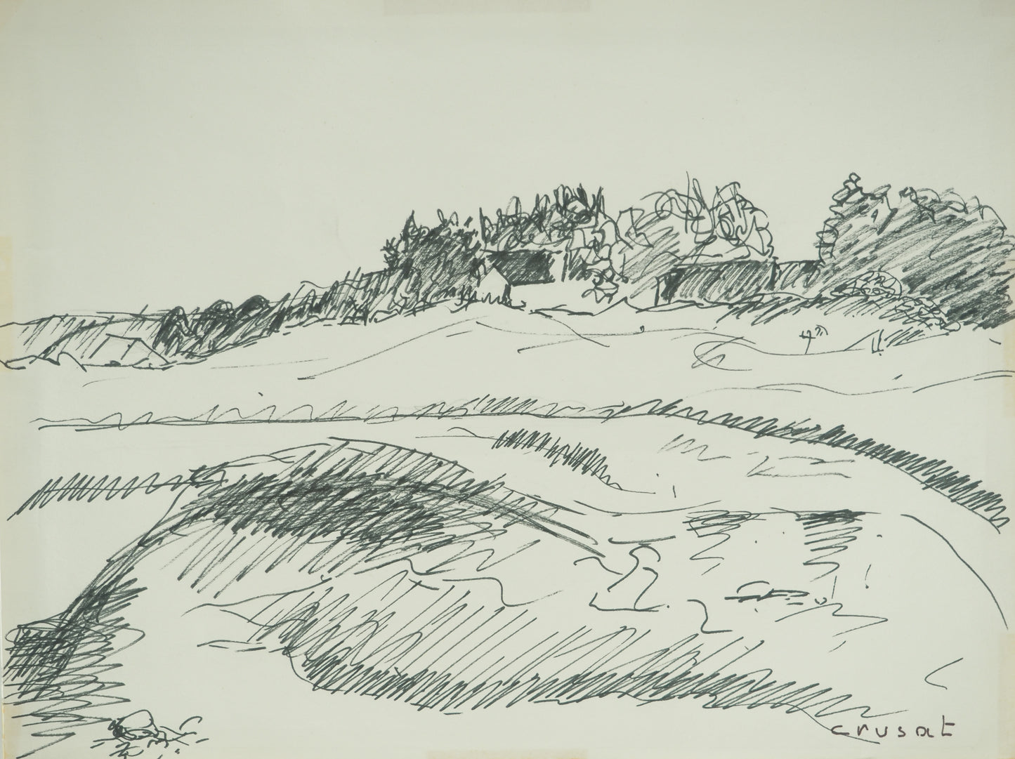 Roger CRUSAT : Village au loin - Dessin original signé