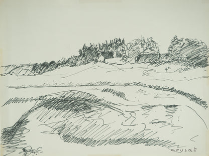 Roger CRUSAT : Village au loin - Dessin original signé