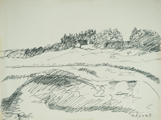Roger CRUSAT : Village au loin - Dessin original signé