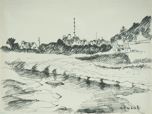 Roger CRUSAT : Village au bord du fleuve - Dessin original signé