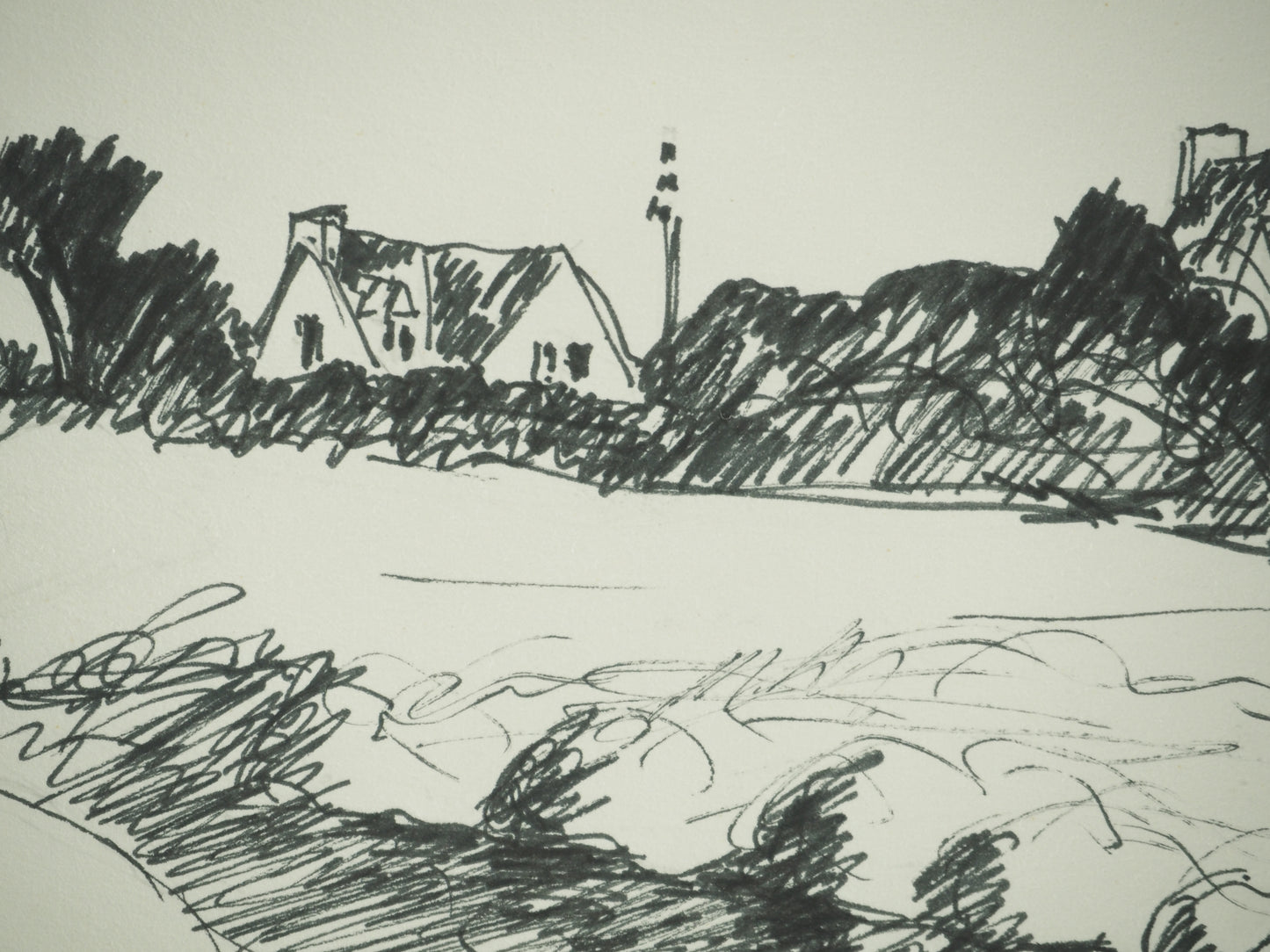 Roger CRUSAT : Village au bord du fleuve - Dessin original signé