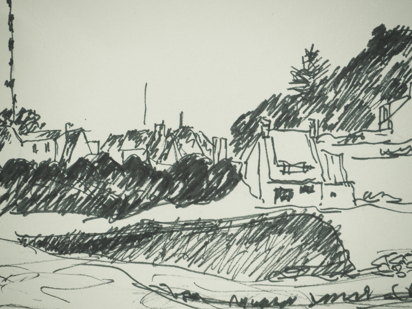 Roger CRUSAT : Village au bord du fleuve - Dessin original signé