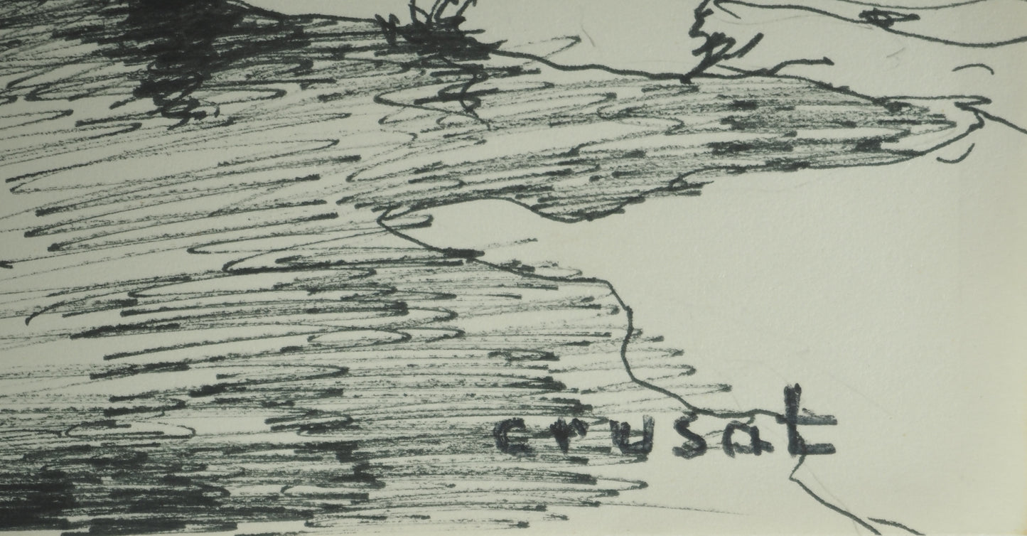 Roger CRUSAT : Village au bord du fleuve - Dessin original signé