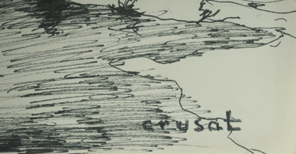 Roger CRUSAT : Village au bord du fleuve - Dessin original signé