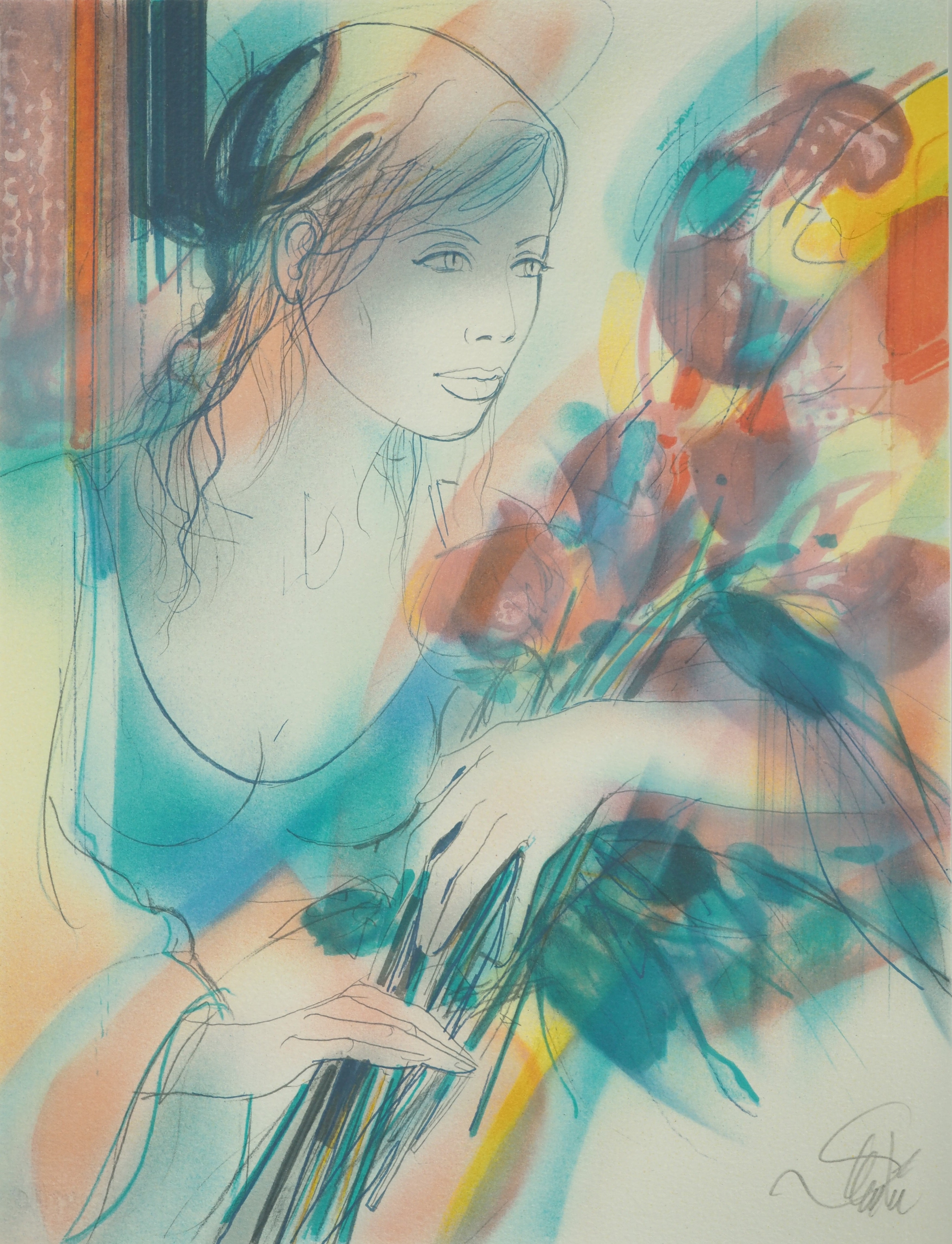 Jean Baptiste VALADIE : Femme au bouquet - Lithographie originale