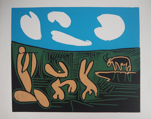Pablo PICASSO : Bacchanale, danseurs et taureau - Linogravure