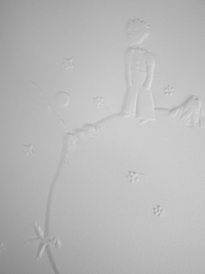 Antoine DE SAINT EXUPERY : Le petit prince sur l'astéroïde B612 - Gravure sur bois