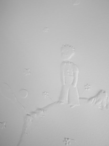 Antoine DE SAINT EXUPERY : Le petit prince sur l'astéroïde B612 - Gravure sur bois