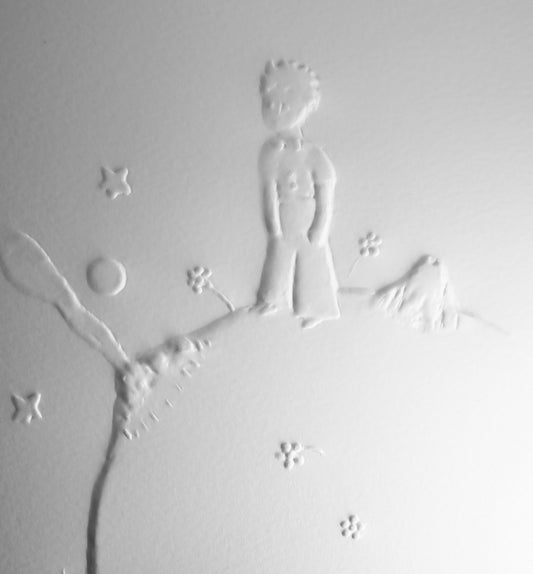 Antoine DE SAINT EXUPERY : Le petit prince sur l'astéroïde B612 - Gravure sur bois
