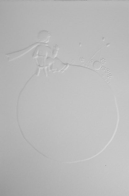 Antoine DE SAINT EXUPERY : Le petit prince regardant le coucher du soleil - Gravure sur bois