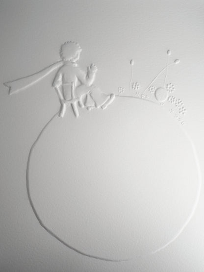 Antoine DE SAINT EXUPERY : Le petit prince regardant le coucher du soleil - Gravure sur bois