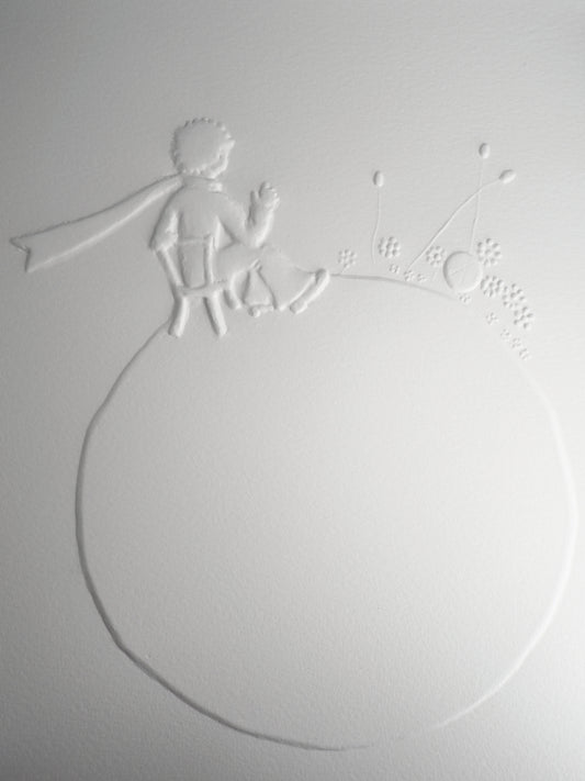 Antoine DE SAINT EXUPERY : Le petit prince regardant le coucher du soleil - Gravure sur bois