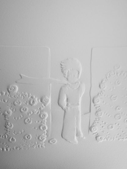 Antoine DE SAINT EXUPERY :  Le petit prince et la roseraie - Gravure sur bois