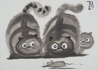 Laszlo TIBAY : Couple de chats en chasse et leur chaton - Dessin original signé