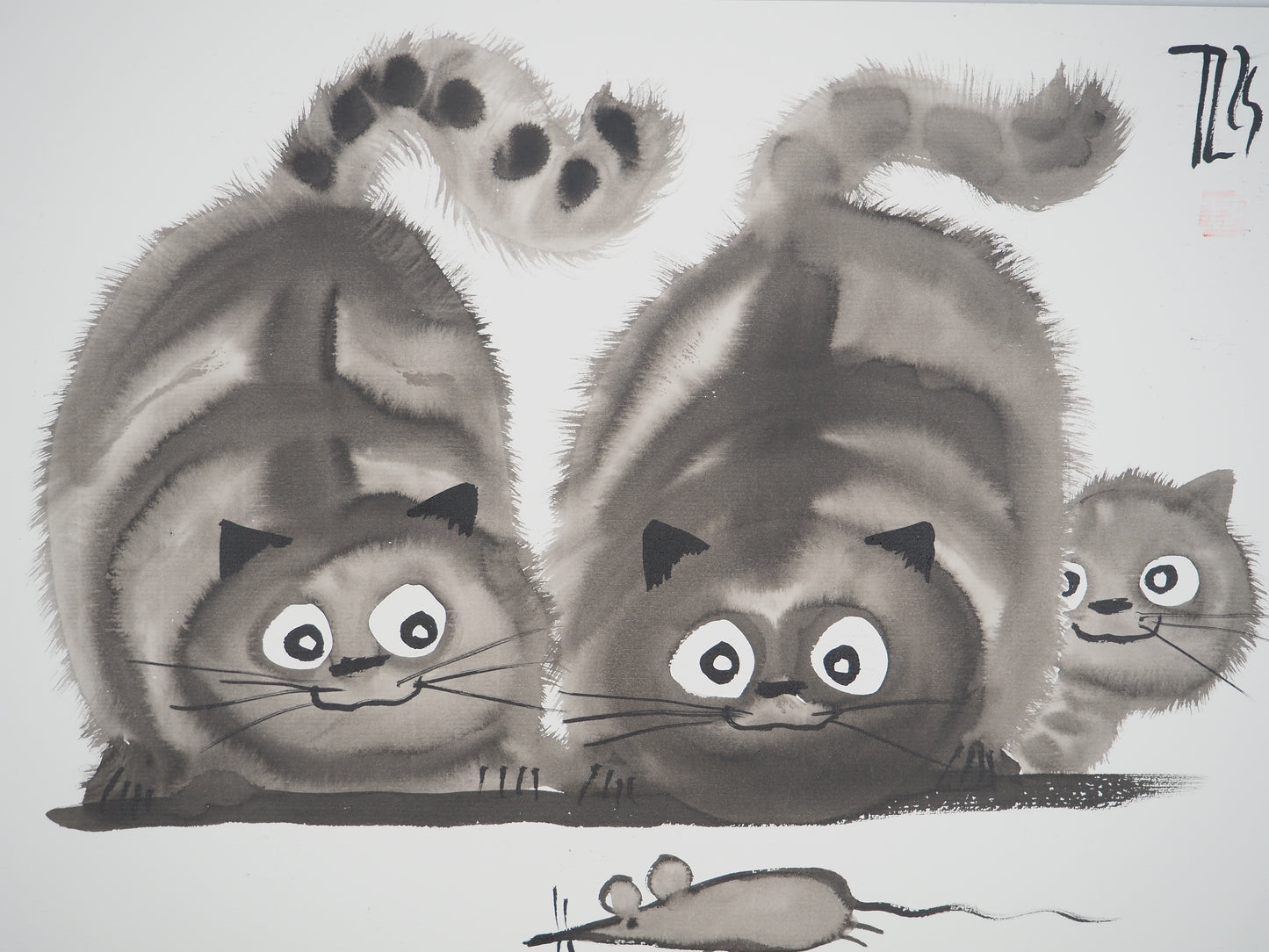 Laszlo TIBAY : Couple de chats en chasse et leur chaton - Dessin original signé
