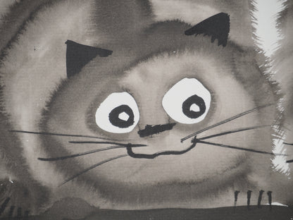 Laszlo TIBAY : Couple de chats en chasse et leur chaton - Dessin original signé