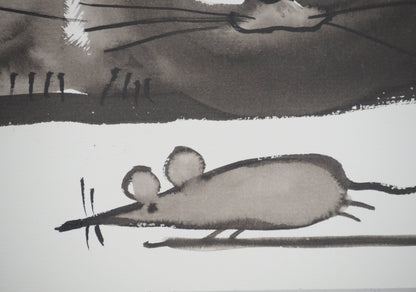 Laszlo TIBAY : Couple de chats en chasse et leur chaton - Dessin original signé