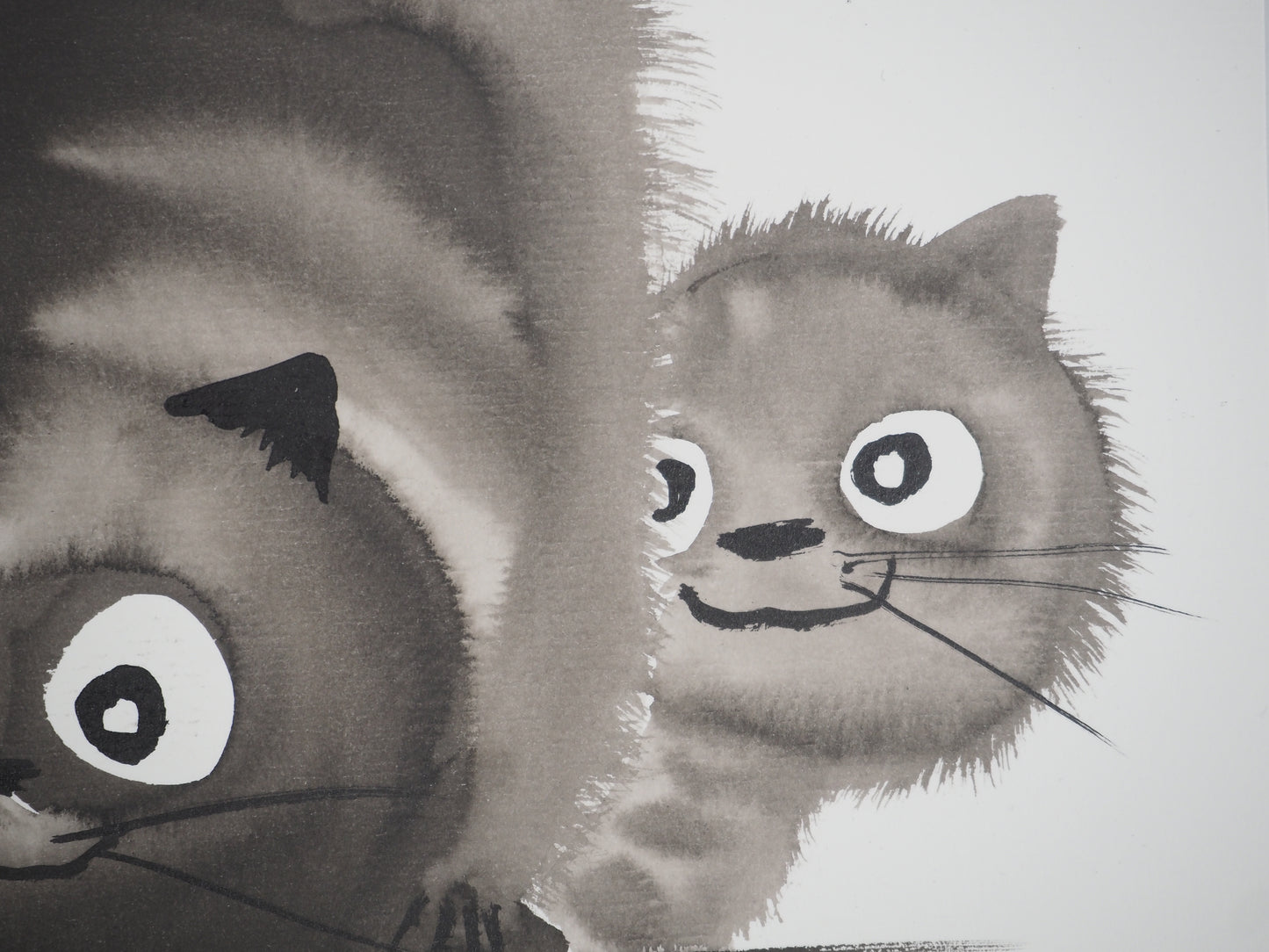 Laszlo TIBAY : Couple de chats en chasse et leur chaton - Dessin original signé