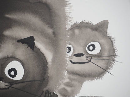 Laszlo TIBAY : Couple de chats en chasse et leur chaton - Dessin original signé