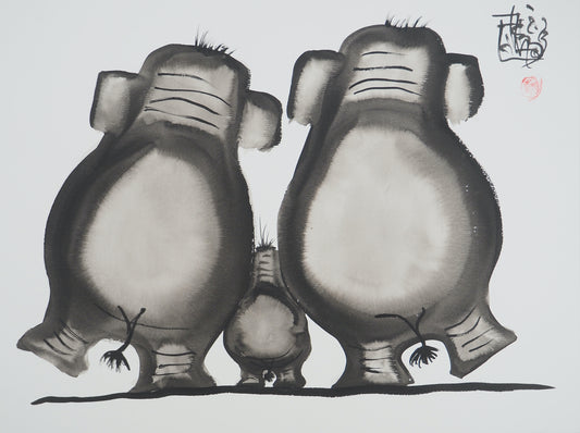 Laszlo TIBAY : Famille d'éléphants - Dessin original signé