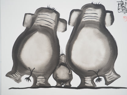Laszlo TIBAY : Famille d'éléphants - Dessin original signé