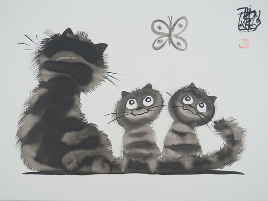 Laszlo TIBAY : Maman chat et ses chatons distraits - Dessin original signé