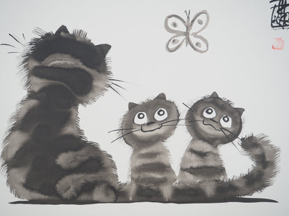 Laszlo TIBAY : Maman chat et ses chatons distraits - Dessin original signé