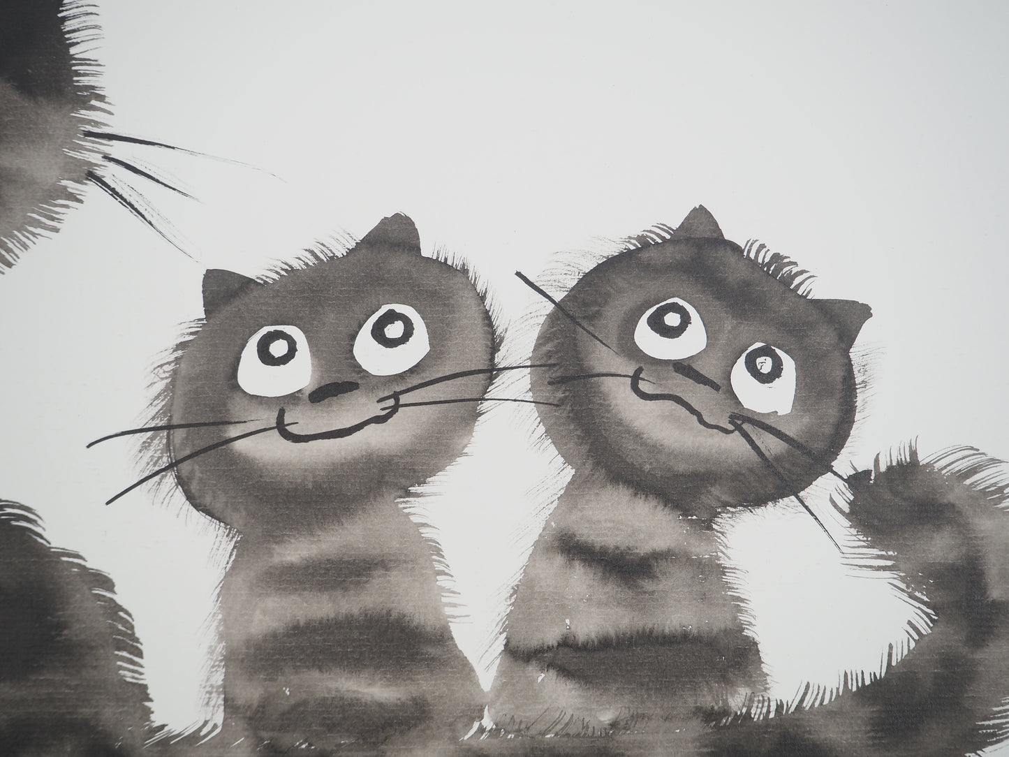 Laszlo TIBAY : Maman chat et ses chatons distraits - Dessin original signé