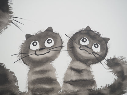 Laszlo TIBAY : Maman chat et ses chatons distraits - Dessin original signé
