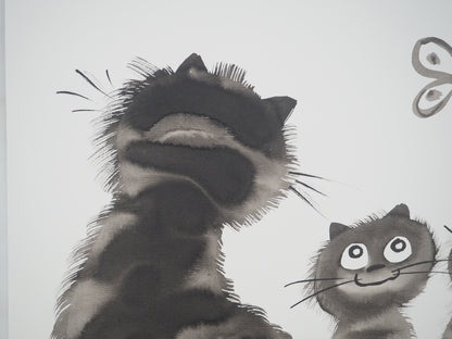 Laszlo TIBAY : Maman chat et ses chatons distraits - Dessin original signé