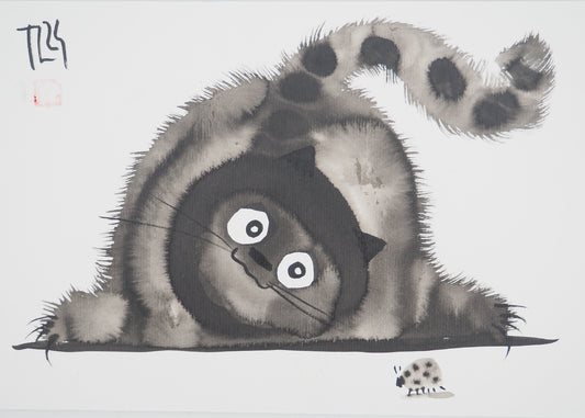 Laszlo TIBAY : Chat observant une coccinelle - Dessin original signé