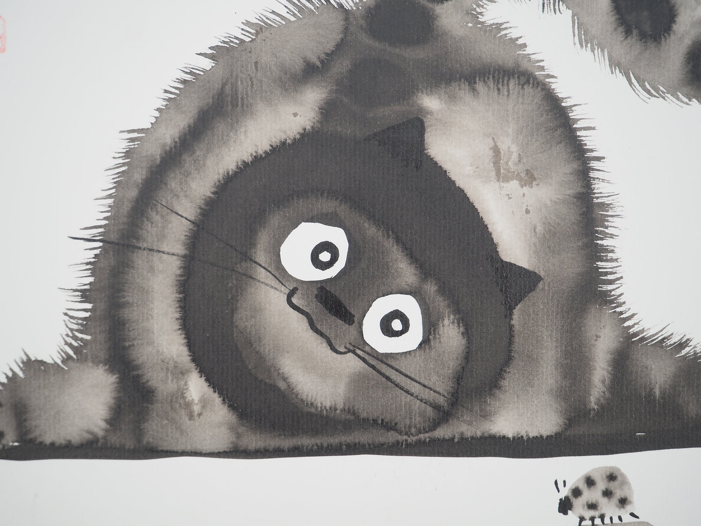 Laszlo TIBAY : Chat observant une coccinelle - Dessin original signé
